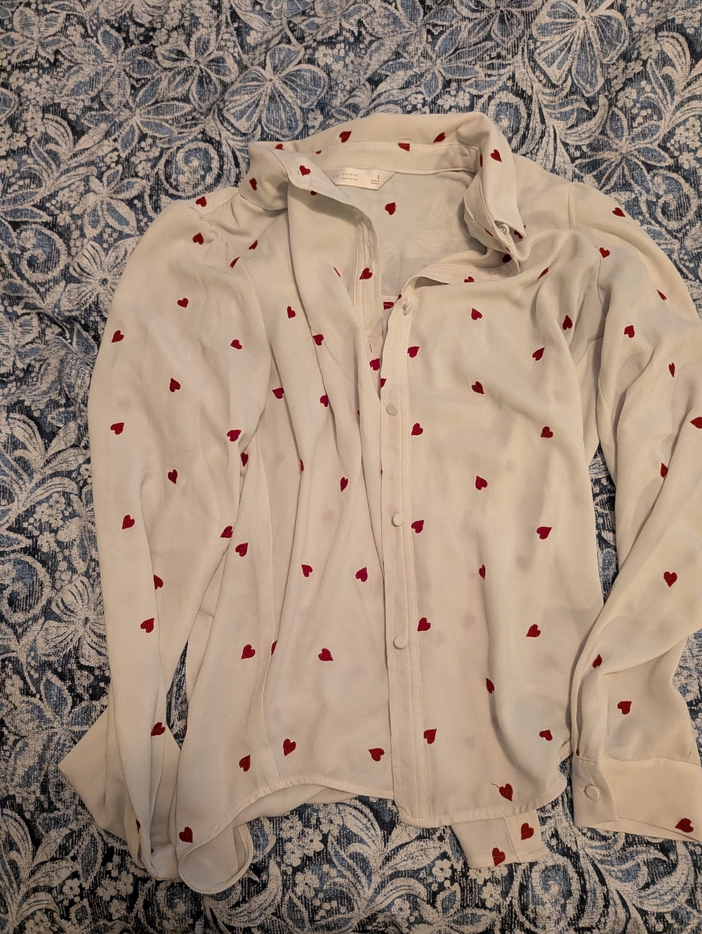 Red And White Button Up Blouse Heart Print